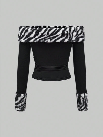 ROMWE Kawaii Camiseta casual para mujer con hombros descubiertos, adornada con peluche de cebra, cristales y strass estilo Y2K para otoño/invierno