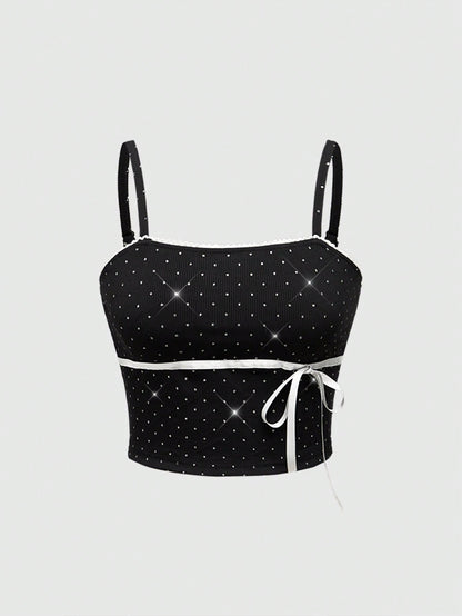 ROMWE Kawaii Conjunto de 2 piezas de top camisero y chaqueta con lazo y lunares románticos para Año Nuevo y San Valentín para mujeres