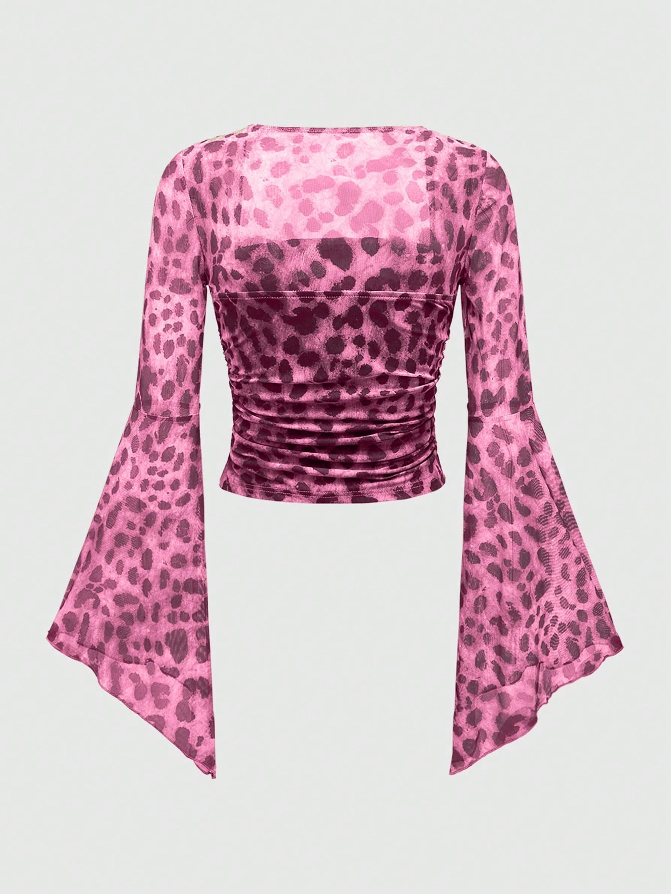 ROMWE Blusa con volantes de malla con estampado de leopardo para mujer