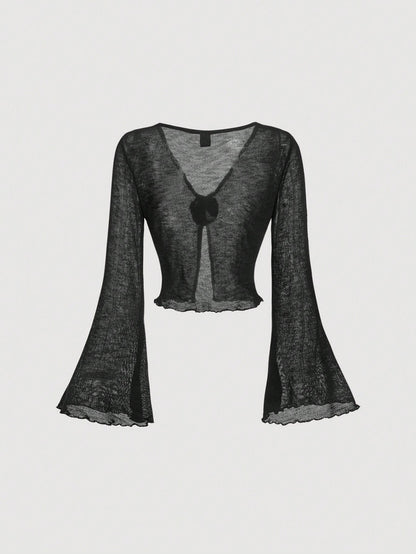SHEIN MOD 1 pieza Cárdigan de manga larga con estampado floral 3D, de gasa y tejido de punto negro para mujer