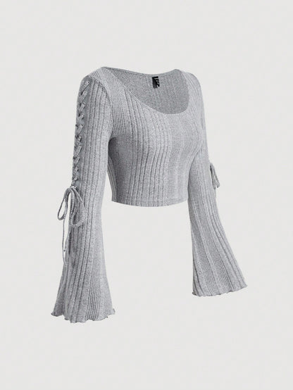 SHEIN MOD Camiseta de manga larga con cuello redondo acanalado y lazo, de felpa para mujer para otoño e invierno