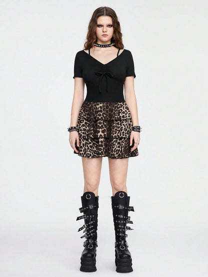 ROMWE Kawaii Vestido de mujer con escote en V, estampado de leopardo, empalmado y con dobladillo con volantes