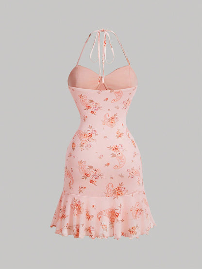 SHEIN MOD Vestido corto de cuello halter con volantes y estampado de flores y paisley, vestido de fiesta, vestido floral rosado, vestido corto, vestido estilo dinero antiguo, vestido corto occidental, vestido básico, vestido sexy