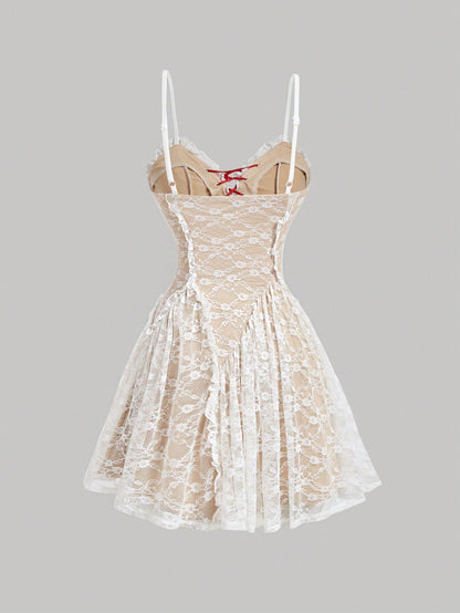 SHEIN MOD Vestido camisero romántico con tirantes de lazo, volantes de encaje y borde plisado, conjunto para festival, vestido de mujer, vestido mini, vestido fluido, vestidos de otoño, conjunto para concierto