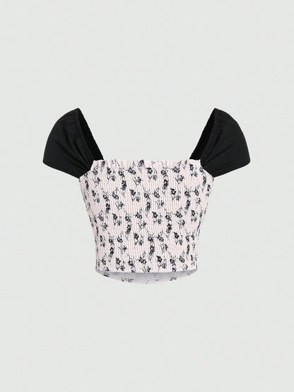 Flirla Mujeres camisa llena de pliegues con estampado y parche de arco, fashion diario para primavera y verano