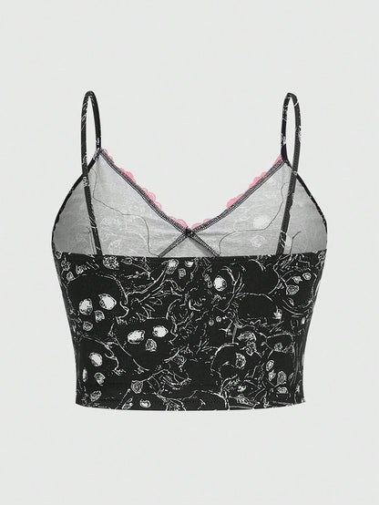 ROMWE Kawaii Camiseta De Tirantes De Encaje Con Parche Gráfico Y Pachwork En Talla Grande Para Mujer