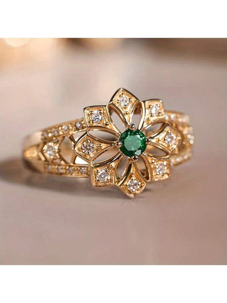 1 anillo de flor de topacio verde sintético vintage, con forma redonda y hueca, adecuado para el uso diario de las mujeres, joyería para bodas y fiestas, compromiso, regalo de aniversario