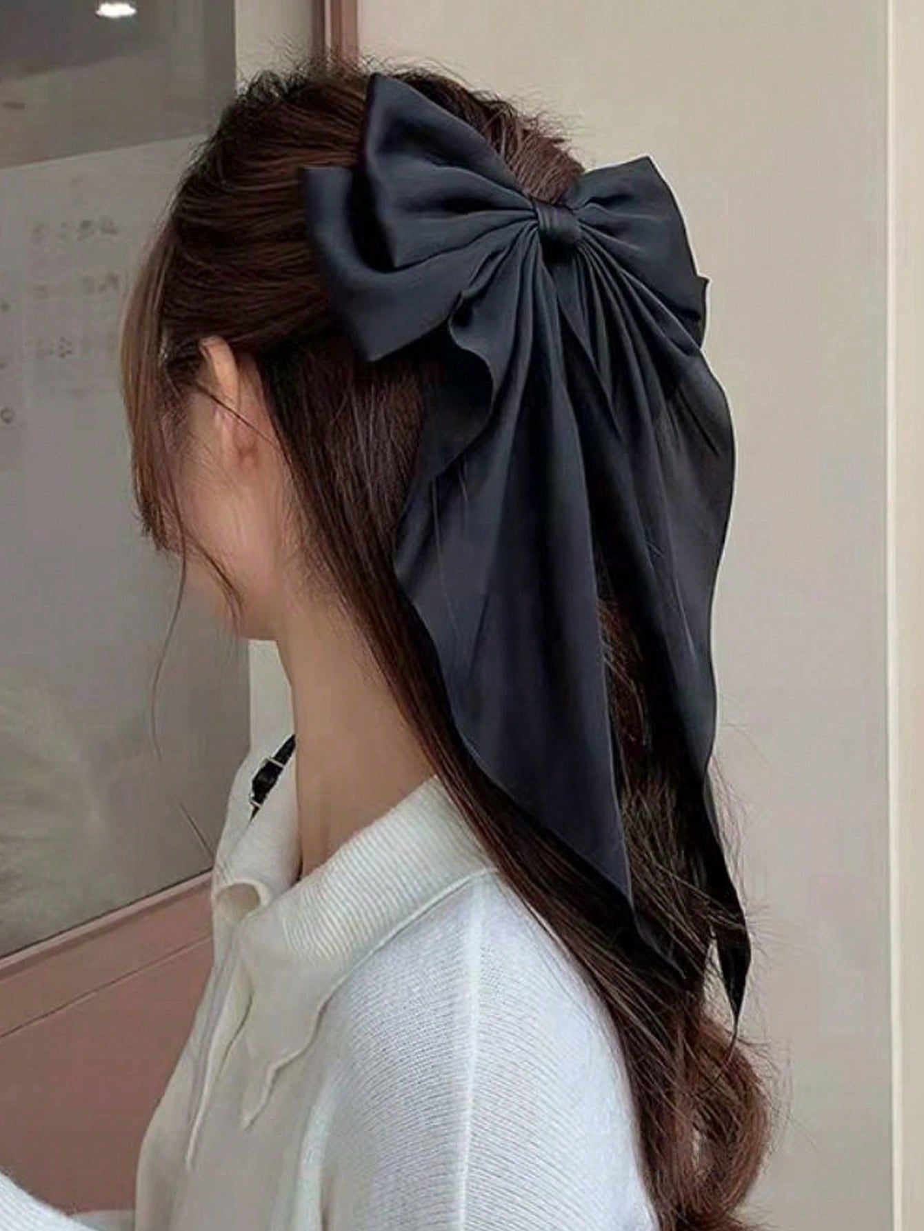 1-2 piezas Clip para el cabello de cinta de satén negro/blanco/rojo sobredimensionado para mujer, accesorio para el cabello elegante y chic para uso diario y a juego con atuendos