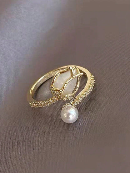 1 Anillo De Forma De Botón De Tulipán Blanco Con Perla Simulada Y Piedra De Ojo De Gato