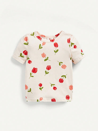 Cozy Pixies Conjunto de pijama ajustado para bebé niña, parte superior de manga corta con cuello redondo con diseño floral y shorts, 4 piezas