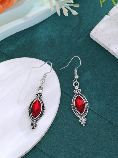 Pendientes con colgante de vidrio en forma de rombo con incrustaciones de rubí y diamantes de imitación, diseño elegante y minimalista adecuado para uso diario y fiestas