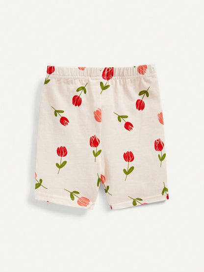 Cozy Pixies Conjunto de pijama ajustado para bebé niña, parte superior de manga corta con cuello redondo con diseño floral y shorts, 4 piezas