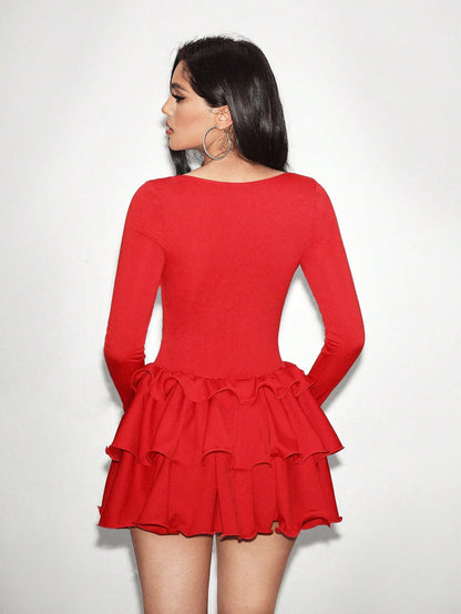 SHEIN Foxxy Vestido mini de manga larga con escote en V rojo que da forma, para fechas de otoño y Navidad