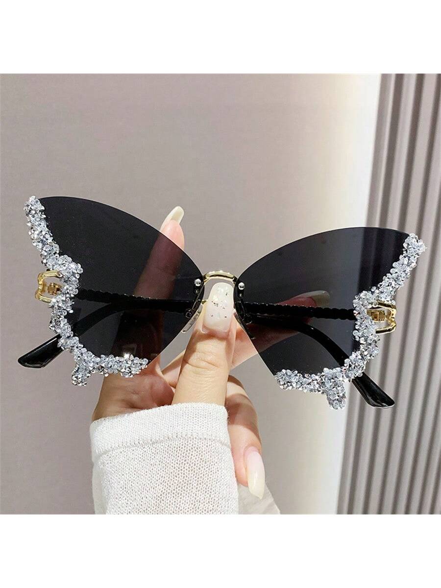 1 pieza Gafas de moda con marco grande decorado con rhinestones en forma de mariposa, para uso diario y accesorios de fotografía y playa para mujeres, gafas de sol con estilo básico para outfits de mujer de negocios casuales