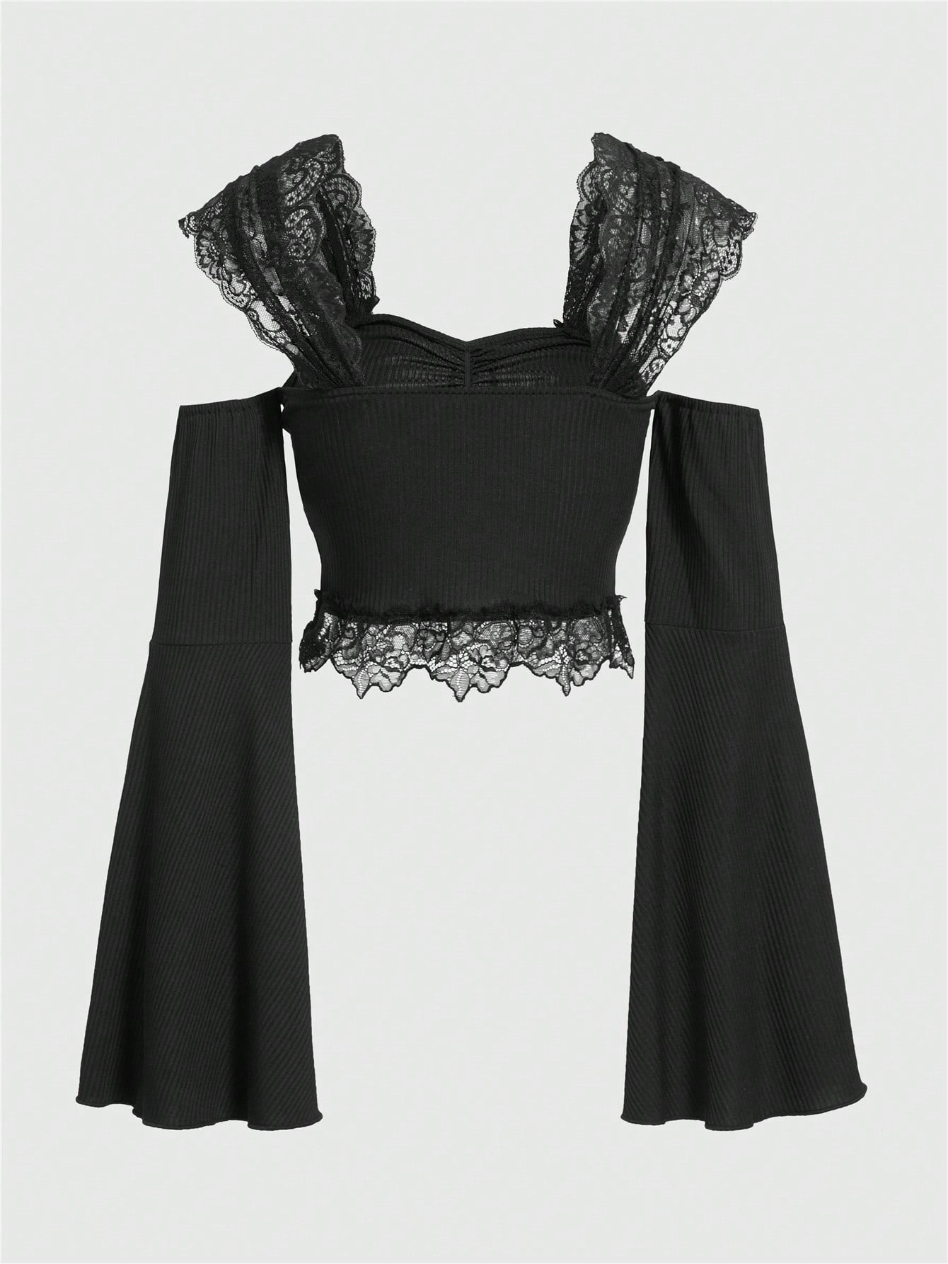 ROMWE Goth Top Gótico Sexy De Manga Acampanada Con Hombros Descubiertos Y Ribete De Encaje Para Mujer Con Adornos Metálicos De Estrella Y Luna