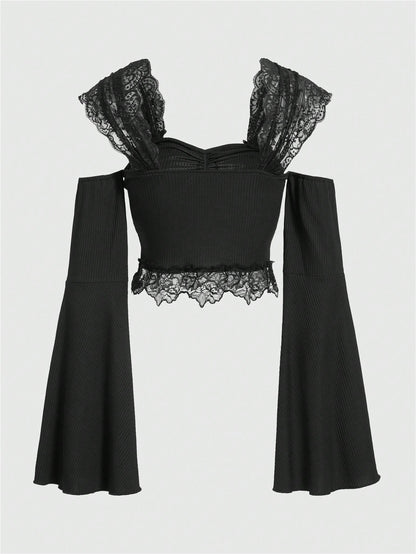 ROMWE Goth Top Gótico Sexy De Manga Acampanada Con Hombros Descubiertos Y Ribete De Encaje Para Mujer Con Adornos Metálicos De Estrella Y Luna