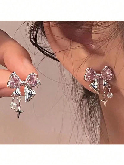 2 piezas Aretes con cristales y lazo, estilo minimalista elegante y único