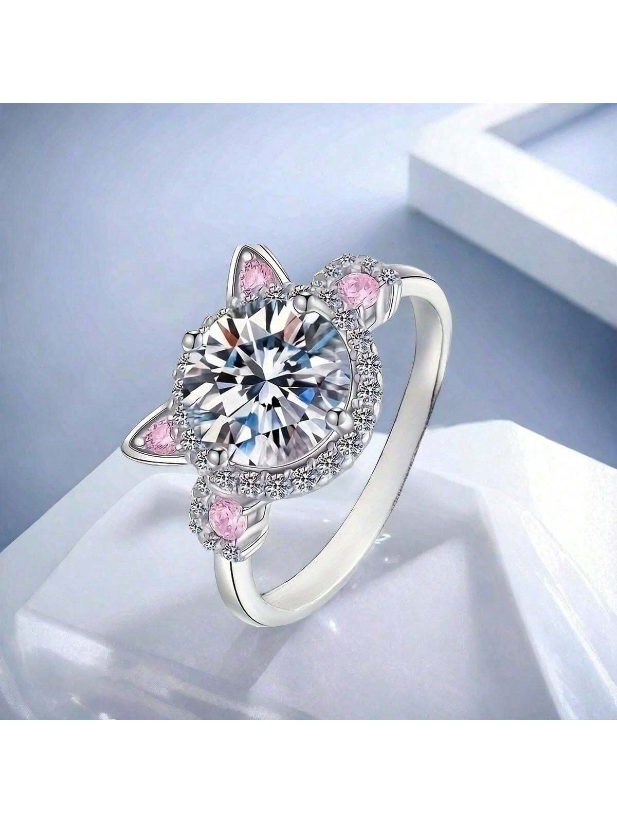 Nuevo anillo de promesa estilo coreano con encantador diseño de cabeza de gato con cristal rosa de rhinestone, accesorio de moda de aleación adecuado para uso diario, fiestas, reuniones y como regalo