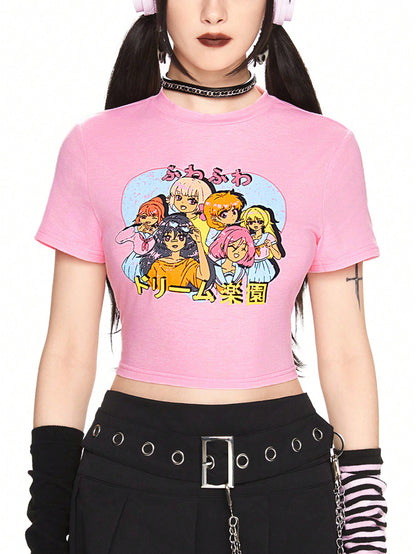 ROMWE Anime Camiseta corta de verano informal con estampado de dibujos animados