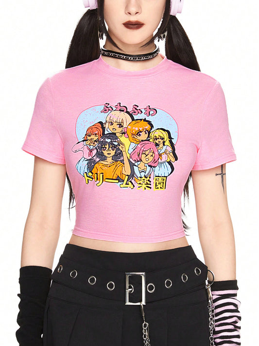 ROMWE Anime Camiseta corta de verano informal con estampado de dibujos animados