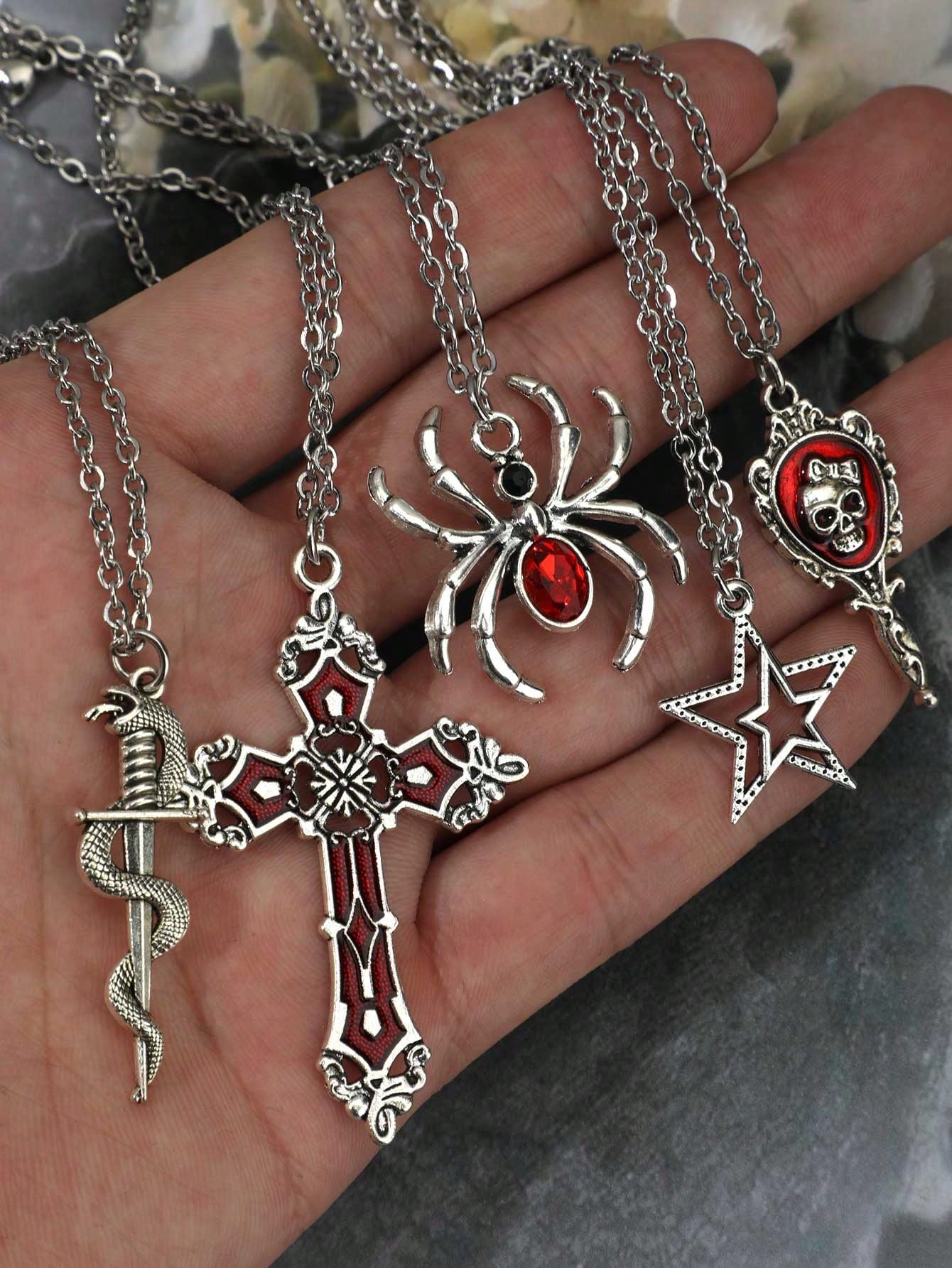 Set de 5 collares con colgantes de araña con diamantes de imitación, cruz, estrella, calavera, serpiente y media luna en estilo espejo, con cadena de acero inoxidable, en bohemia, hip hop y de personalidad.