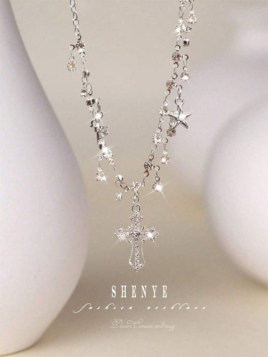 Collar De Colgante De Borla De Cruz Personalidad En Forma De Estrella Con Incrustaciones De Diamantes Para Mujeres, Decoración De Alta Gama, Estilo Gótico, Adecuado Para La Moda Y2k, Haciéndote Brillar Y Único