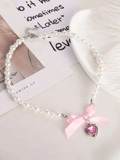 1 pieza Collar con forma de corazón rosa romántico con lazo para mujeres, dulce y puro, cadena de clavícula para San Valentín