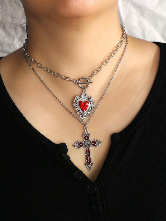 Set de 2 piezas con collar colgante de corazón oscuro y cruz y pendientes con estilo gótico vintage, conjunto de joyas de moda oscura punk rock para mujer para el Día de San Valentín