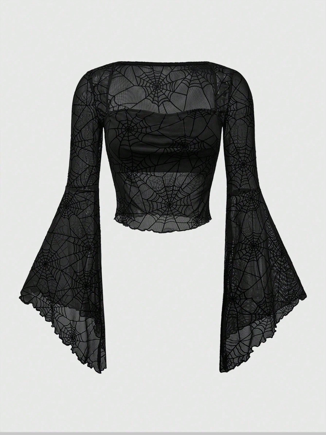 ROMWE Goth Top corto con cuello alto, mangas acampanadas y cintura ajustada con estampado de telaraña gótico, para Navidad