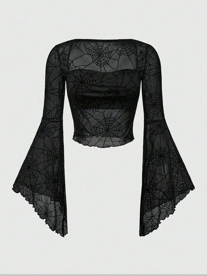 ROMWE Goth Top corto con cuello alto, mangas acampanadas y cintura ajustada con estampado de telaraña gótico, para Navidad