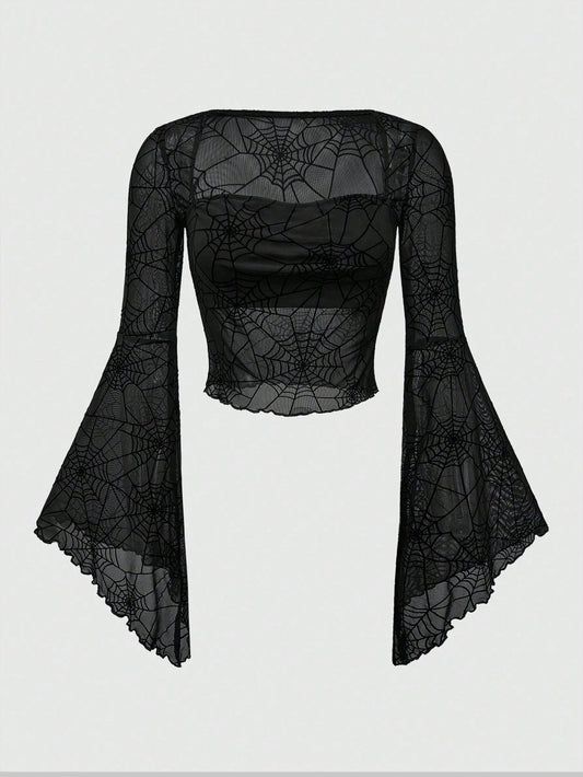 ROMWE Goth Top corto con cuello alto, mangas acampanadas y cintura ajustada con estampado de telaraña gótico, para Navidad