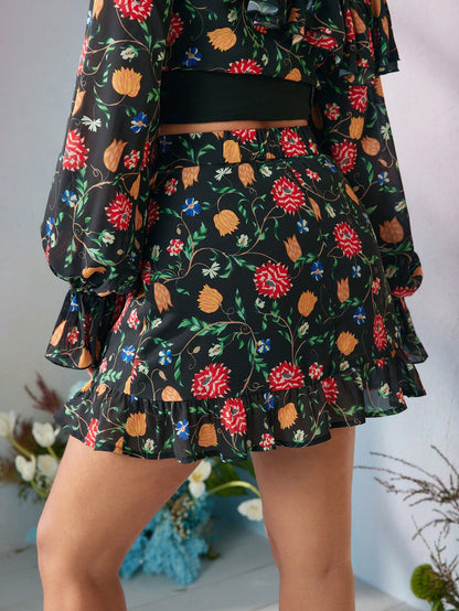Frida Kahlo X SHEIN X Designer VERO DIAZ Falda larga con estampado floral de cintura alta y volante en el bajo