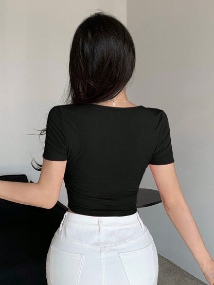 DAZY Camiseta Casual De Verano De Manga Corta Y Cuello Redondo De Color Sólido Para Mujer