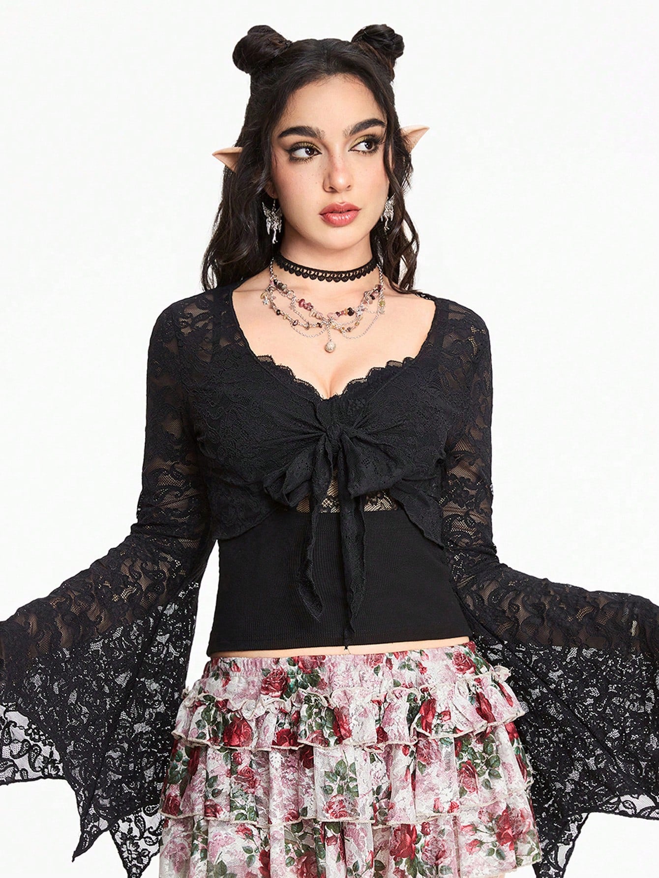 ROMWE Hippie Blusa informal con mangas largas, patchwork de encaje y nudo en la parte delantera para mujeres