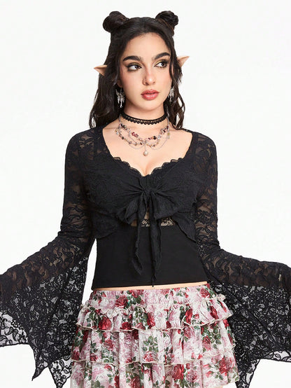 ROMWE Hippie Blusa informal con mangas largas, patchwork de encaje y nudo en la parte delantera para mujeres