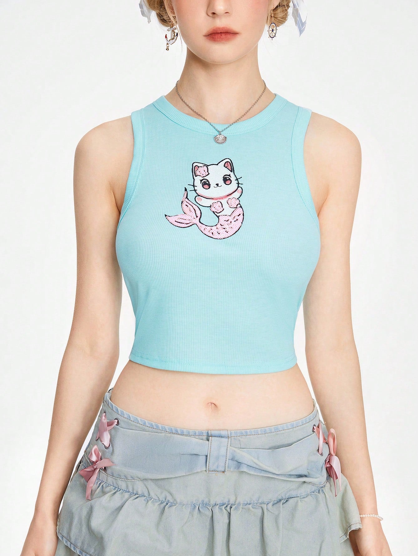 ROMWE Kawaii Lindo top corto de estilo universitario para mujer con estampado de gato dibujos animados para el verano