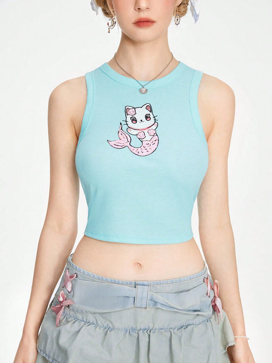 ROMWE Kawaii Lindo top corto de estilo universitario para mujer con estampado de gato dibujos animados para el verano