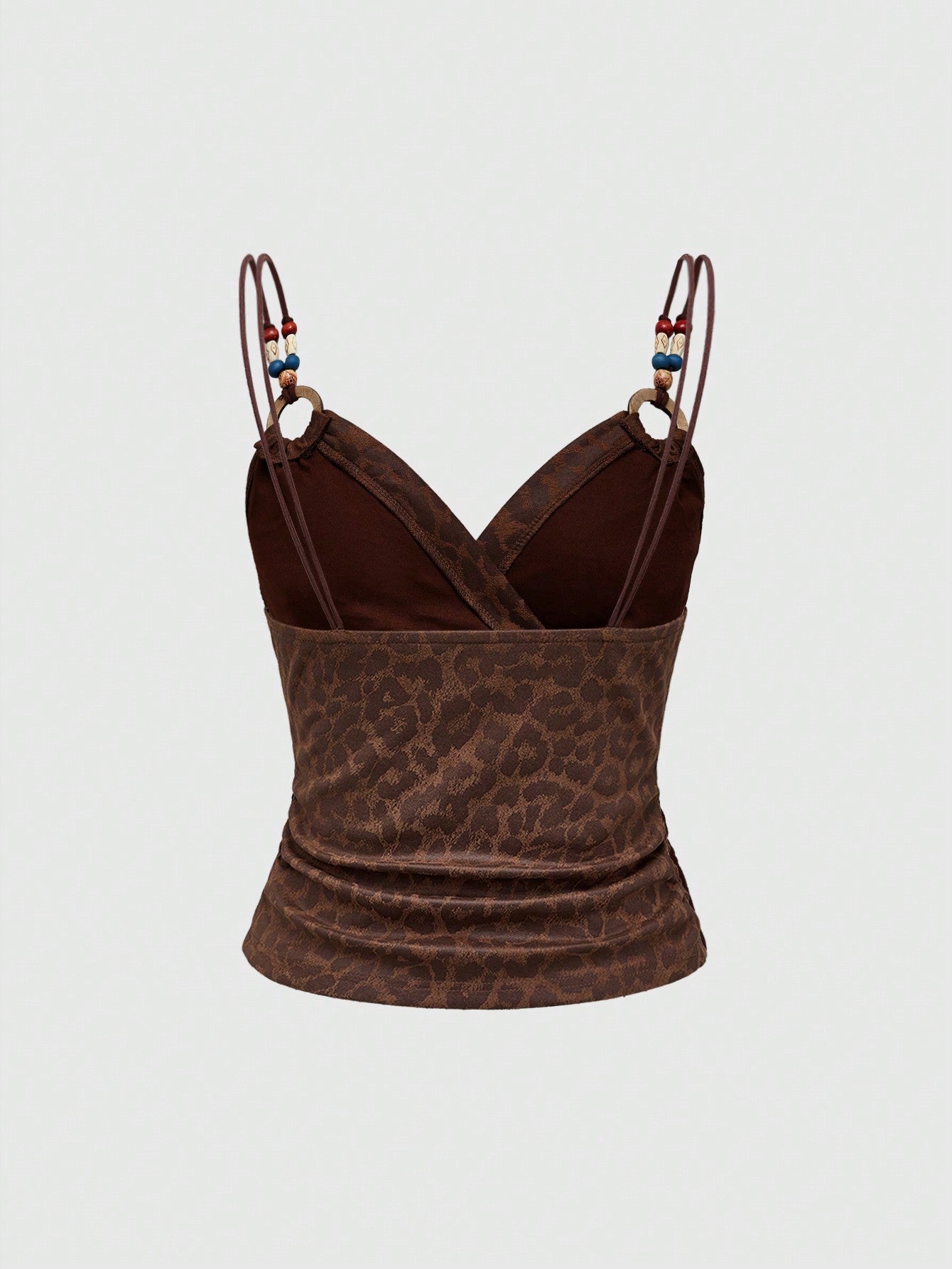 ROMWE Hippie Blusa de tirantes de estilo hippie con cuentas, de suave estampado de leopardo, en estilo vintage para el verano