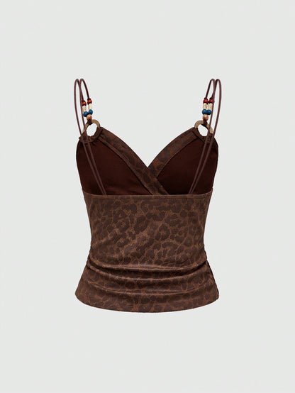 ROMWE Hippie Blusa de tirantes de estilo hippie con cuentas, de suave estampado de leopardo, en estilo vintage para el verano