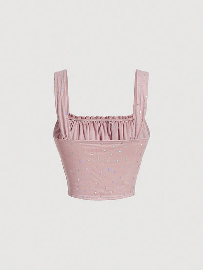 SHEIN MOD Top de tirantes con diseño de lentejuelas con cordón delantero pecho con fruncido
