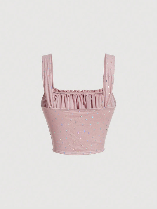 SHEIN MOD Top de tirantes con diseño de lentejuelas con cordón delantero pecho con fruncido