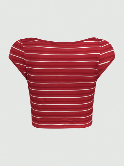 SHEIN Qutie Camiseta casual de manga corta con cuello redondo y estampado de rayas y corazones para mujer en verano