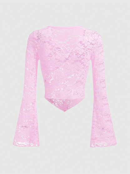 Sweetness Blusa De Manga Acampanada Y Encaje De Color Sólido Para Mujeres