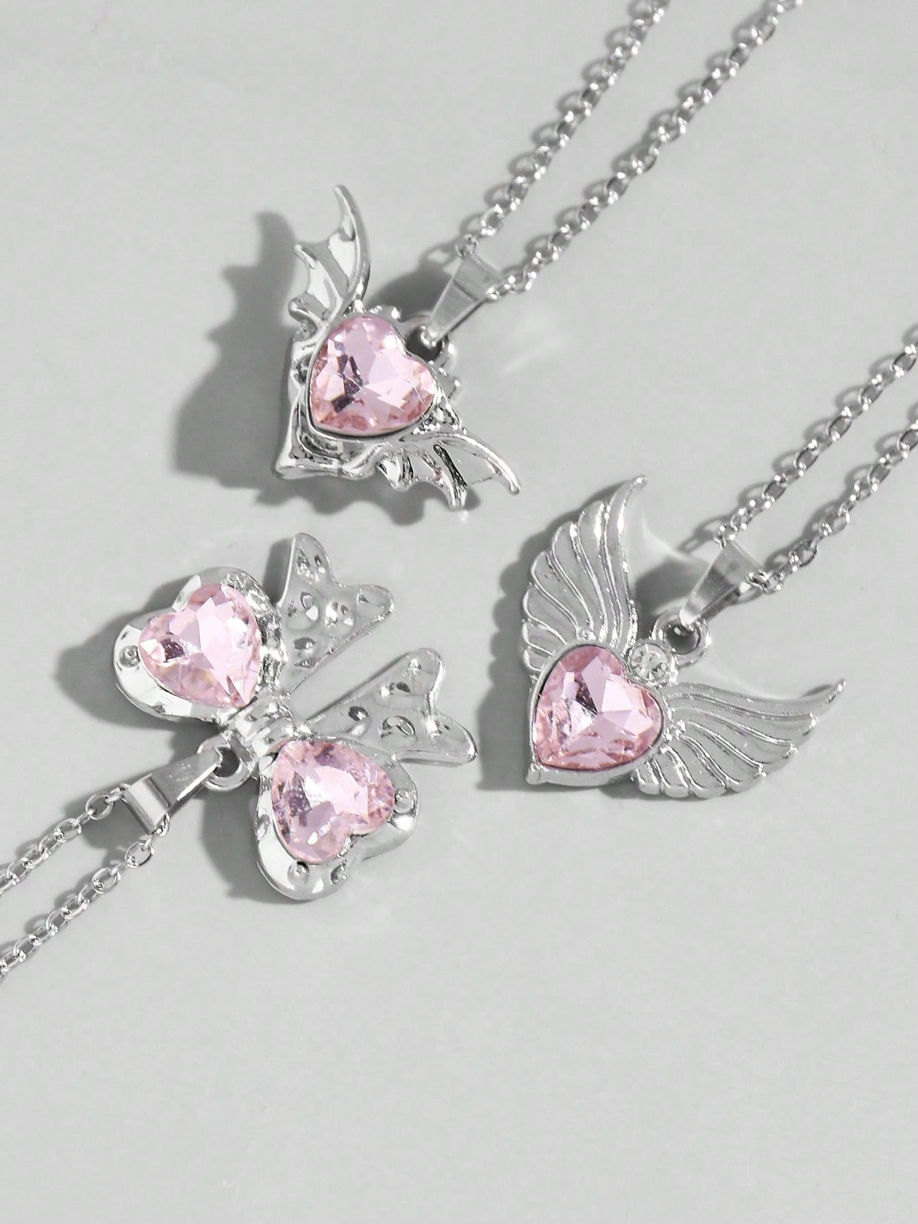 ROMWE Kawaii Set de 3 collares de corazón con detalle de lazo de cristal de color rosa con incrustaciones de estilo europeo y estadounidense INS, perfecto para San Valentín