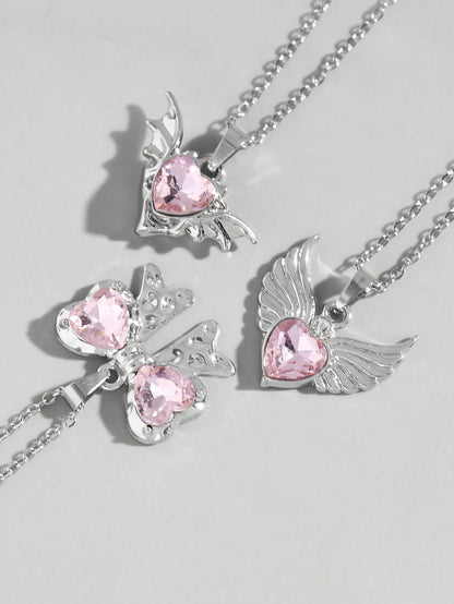 ROMWE Kawaii Set de 3 collares de corazón con detalle de lazo de cristal de color rosa con incrustaciones de estilo europeo y estadounidense INS, perfecto para San Valentín