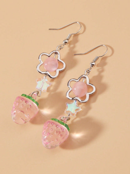 ROMWE Kawaii Linda Estrella De Arcilla Polimérica Con Cuentas, Pendiente Con Diseño De Fresa Y Colgante, Regalo De Joyería