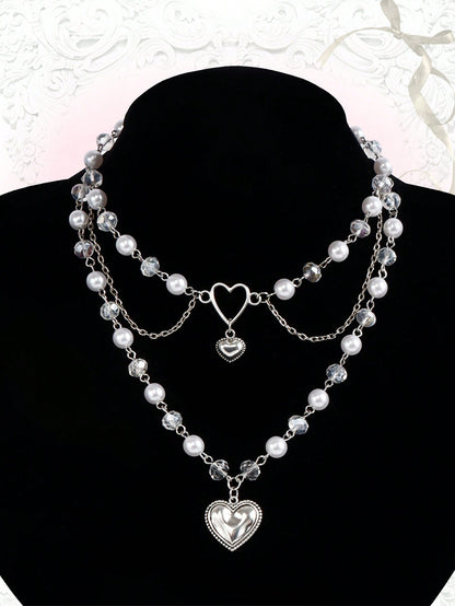 ROMWE Kawaii 1 pieza Lindo collar colgante con perla falsa, corazones y borlas para el Día de San Valentín