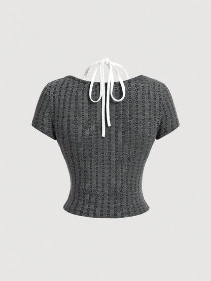 SHEIN MOD Camiseta de verano para mujer '2 en 1' con lazo de ballet coqueto y ribete de encaje en las mangas cortas Tops Kawaii