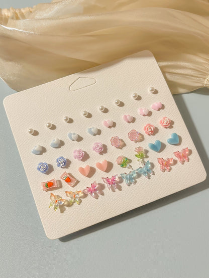 Set de 20 pares de pendientes de tuerca de resina con flores y mariposas de colores aleatorios para mujeres y niñas, regalos de joyería diaria para San Valentín
