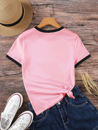 SHEIN EZwear Camiseta de mujer de manga corta, informal, de verano, con estampado de letras y corazón, cuello redondo, camisetas gráficas para mujeres